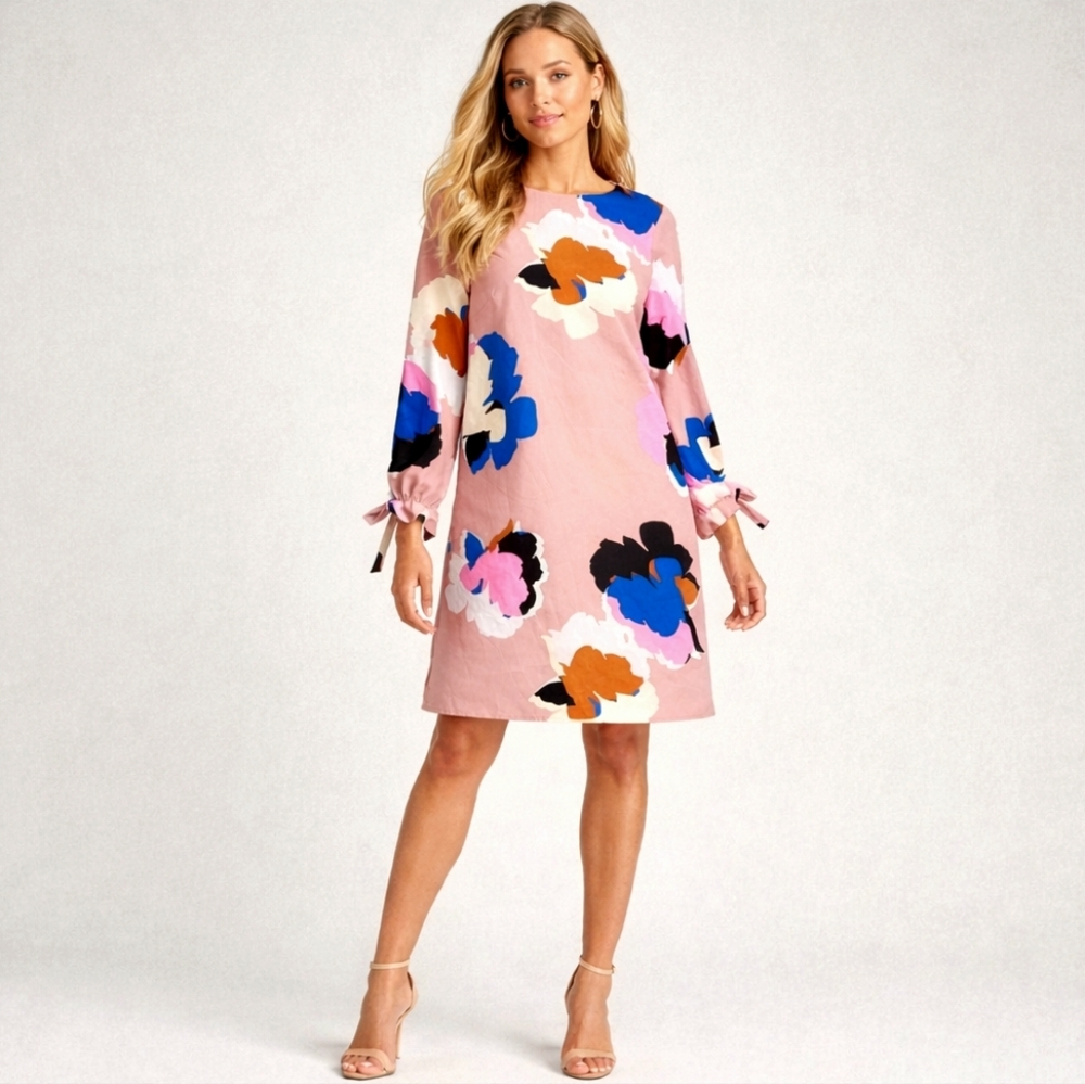 Blush Pink Floral Shift Dress | Long Sleeve Tie Cuff | Spring Wedding Dress